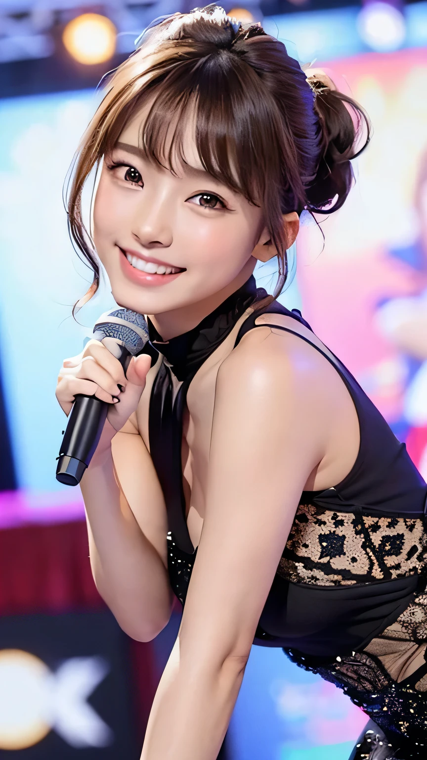 (Highest quality, DSLR camera, 8k, Highest quality, High resolution, Highest quality, Highest resolution, Very beautiful woman, Perfect anatomy), Bright brown eyes, Very bright brown eyes, Small diamond-shaped earrings, Looking directly at the camera, Beautiful brown hair, ((Baby face, Loose and cute medium ponytail)), Very short and beautiful bangs with brown hair, E-cup bust, Showing beautiful décolletage, Very beautiful 20-year-old, Lip gloss, Smiling very happily, Very cute smile, Upper teeth, Beautiful teeth, (Chic and stylish music stage as the background only), Slightly larger eyes, Small face, Tall supermodel, Beautifully shaped model, (Holding a microphone and dancing and singing in random cool poses), Dynamic angle, Eye focus, Head tilt, Very detailed and realistic, Very beautiful 20-year-old, ((Medium shot)), Sharp jawline, ((Sophisticated K-POP idol outfit)), Deep waistline, Sexy legs, Side view, Smiling very joyfully, Laughing, Summer daytime