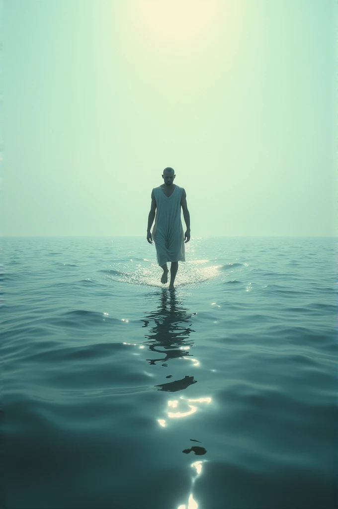 Setting: A vast, shimmering ocean at daylight, not to bright
Main character: A lean, average-height man in tunics like what Jews wear, walking on top the water
Emotional state: The man appears to be both afraid and hopeful.
Atmosphere: The scene is peaceful and contemplative, with a hint of melancholy