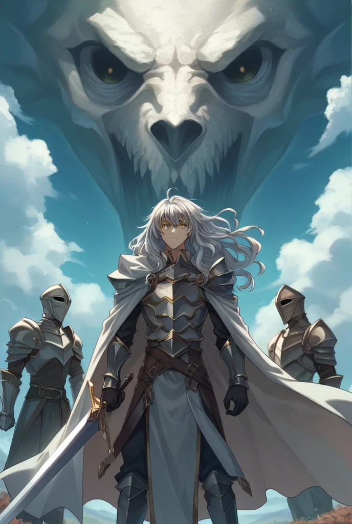 Artwork, highest quallity, アニメ. Molde de goblin Slayer, yellow eyes, high resolution, longye hair, silver hair, hair with highlights, Wavy hair, shiny pupils, アニメ, Estilo アニメ, a handsome boy, 2 knight, wearing full plate armor, with a long cape as white as the clouds in the sky, wielding a long sword with a silver blade and a gold jeweled handguard.