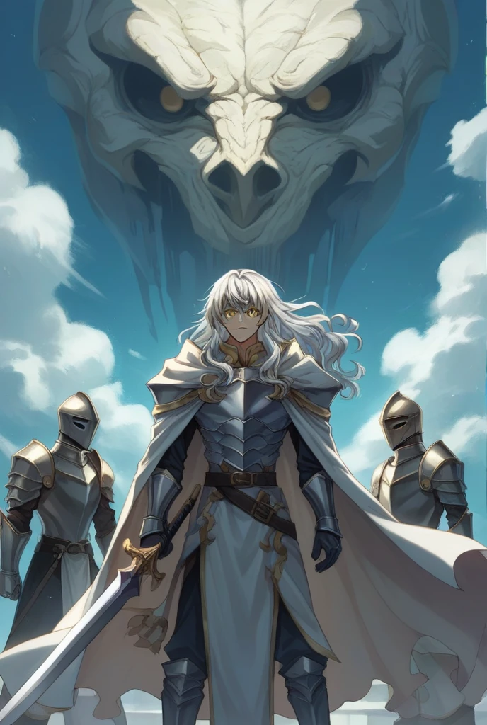 Artwork, highest quallity, アニメ. Molde de goblin Slayer, yellow  eyes, high resolution, longye hair, silver hair, hair with highlights, Wavy hair, shiny pupils, アニメ, Estilo アニメ, a handsome boy, 2 knight, wearing full plate armor, with a long cape as white as the clouds in the sky, wielding a long sword with a silver blade and a gold jeweled handguard.