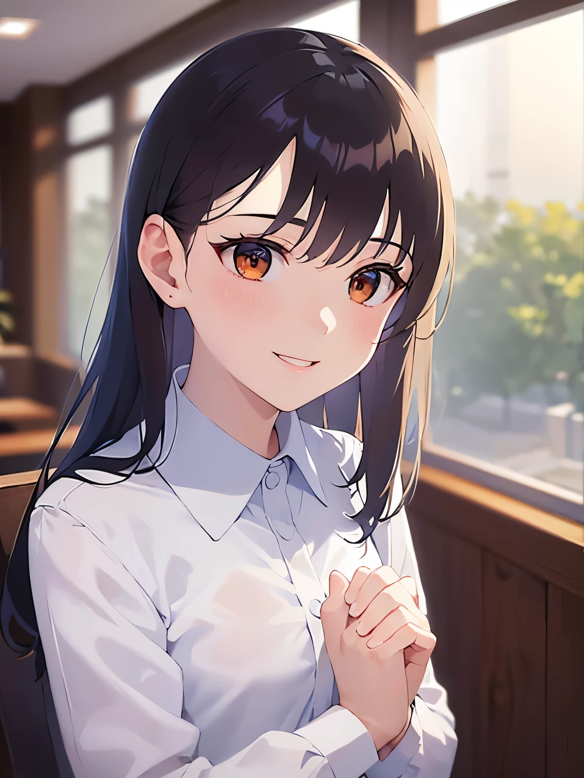 side angle,(looking away:1.5),Upper Body,head tilt,(own hands together:1.5)、5 biologically correct fingers、
Realistic, real person, (pale skin: 1.2), RAW photo, photorealistic, shiny skin, shiny hair、
(A 2 woman with medium-length hair and bangs) and (wavy hair) and (brown hair) and (orange eyes) ,
(white collared shirts)
(smile:1.5),open mouth,
The background is the conference room、(alone:1.5)