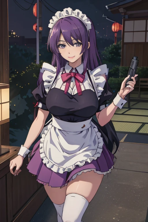 One Girl, (((Japanese Mature Maid 1.5))), alone, ((long purple hair 1.4)), (Sexy Aunt)，((Thighs)), Adult sex appeal, ((Miniskirt maid outfit 1.5))，((Knee-high socks 1.4)),whole body, ((Shoot a gun 1.2)),bangs, Realistic,((Big breasts 1.2)), (Cel animation),tune 4k, Highest quality, Slender beauty, Very clear photos, Beautiful pose、((Cute maid outfit))、smile、Straight hair,((Night city background))