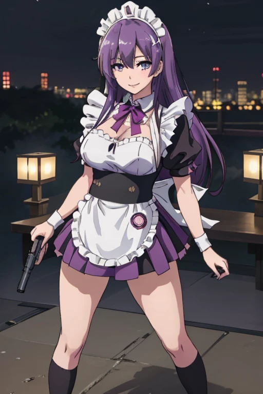 One Girl, (((Japanese Mature Maid 1.5))), alone, ((long purple hair 1.4)), (Sexy Aunt)，((Thighs)), Adult sex appeal, ((Miniskirt maid outfit 1.5))，((Knee-high socks 1.4)),whole body, ((Shoot a gun 1.2)),bangs, Realistic,((Big breasts 1.2)), (Cel animation),tune 4k, Highest quality, Slender beauty, Very clear photos, Beautiful pose、((Cute maid outfit))、smile、Straight hair,((Night city background))