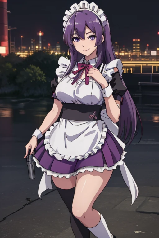 One Girl, (((Japanese Mature Maid 1.5))), alone, ((long purple hair 1.4)), (Sexy Aunt)，((Thighs)), Adult sex appeal, ((Miniskirt maid outfit 1.5))，((Knee-high socks 1.4)),whole body, ((Shoot a gun 1.2)),bangs, Realistic,((Big breasts 1.2)), (Cel animation),tune 4k, Highest quality, Slender beauty, Very clear photos, Beautiful pose、((Cute maid outfit))、smile、Straight hair,((Night city background))