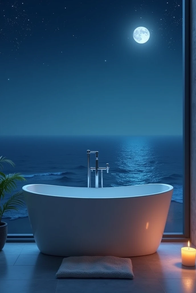 Relaxing empty bath tub with sea view night