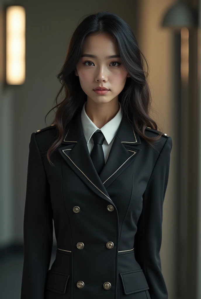 girl with shoulder length hair, leggy, uniformed, beautiful face and 1m65 tall