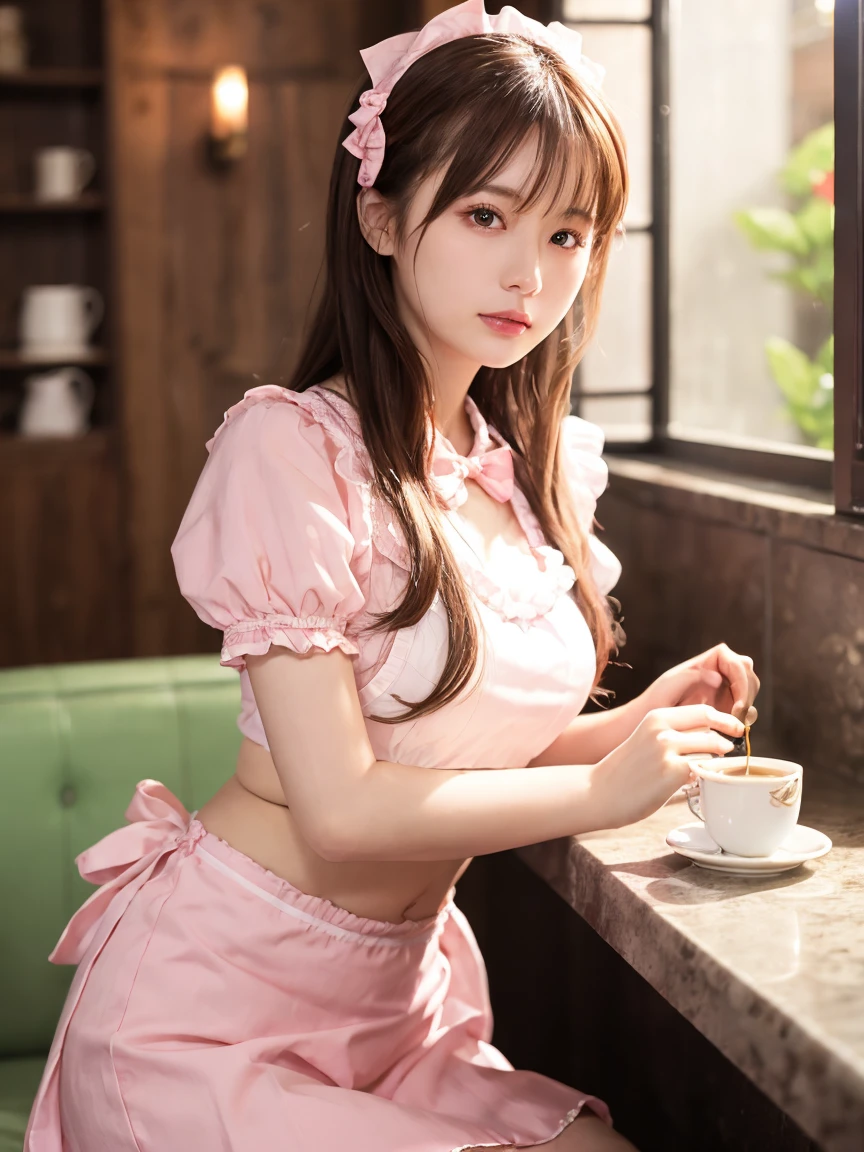 1 girl、(RAW Photos、Highest quality)、(Real、フォトReal:1.4)、Tabletop、Very delicate and beautiful、Very detailed、2k wallpaper、wonderful、Detailed、Very detailedCG Unity 8k壁紙、Super detailed、High resolution、Waitress Outfit、Pink maid outfit、Soft Light、Beautiful detailed girl、Cafeのウエイトレス、Very detailed目と顔、Cafe