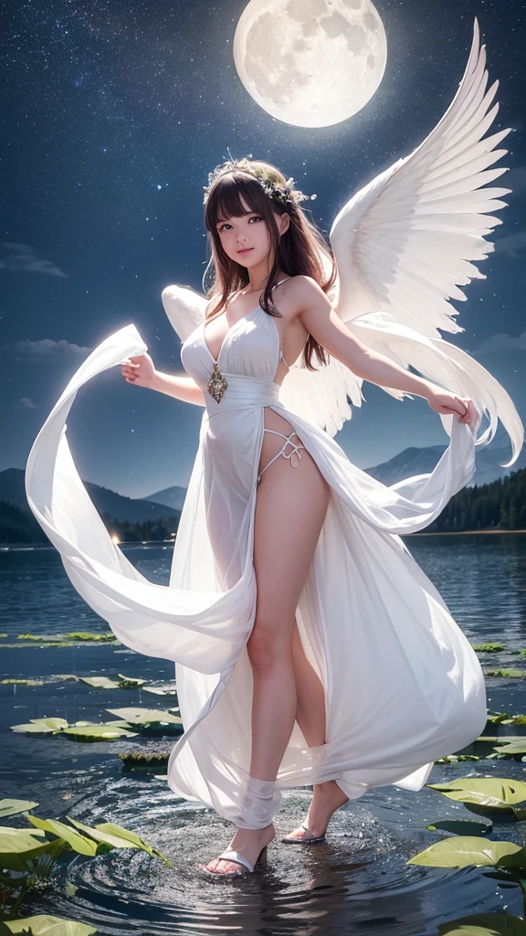1 fairy, mature girl, golden side tail, large garnet-colored eyes, cute smile of a young face, as if to emphasize the line of the body, dressed in a long white and silver-white frill curtain that is wrapped in the wind, shaking the four rainbow-colored wings growing on her back, flying over the surface of the lake, night curtain, a large moon dominates the sky, a lake where the moonlight reflects wildly, and while creating a water pattern on the lake surface, on the stage of the lake surface of the deep forest, the one-of-a-a-a-kind, a nice full-body up angle photo,