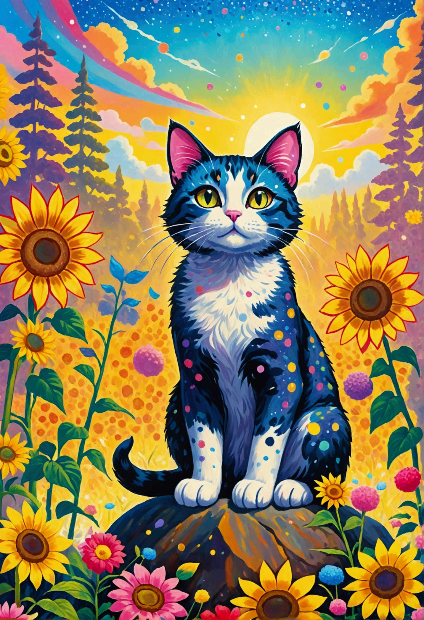 A painting of a cat sitting on a rock surrounded by flowers, There are many points on it, a pointillism painting, saturated pointillism,Juster Battle, Cute cat in sunflower field, lisa frank (lisa frank) Portrait, cat in the forest, a A painting of a cat, cat detailed, Louis William Wayne, inspired by Louis Wain, Lovely and detailed digital art, author:lisa frank, A painting of a cat, Detailed 4k