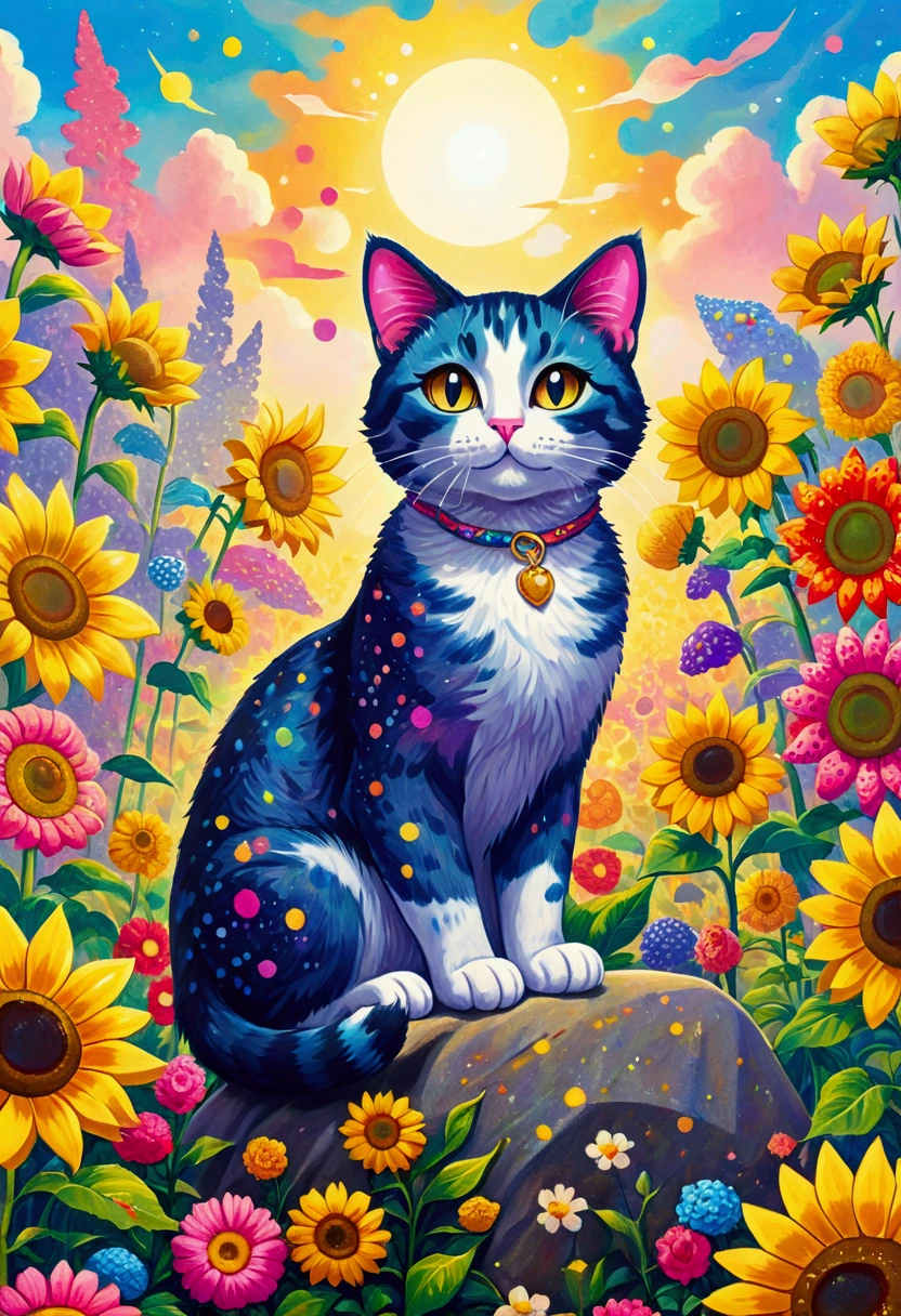 A painting of a cat sitting on a rock surrounded by flowers, There are many points on it, a pointillism painting, saturated pointillism,Juster Battle, Cute cat in sunflower field, lisa frank (lisa frank) Portrait, cat in the forest, a A painting of a cat, cat detailed, Louis William Wayne, inspired by Louis Wain, Lovely and detailed digital art, author:lisa frank, A painting of a cat, Detailed 4k