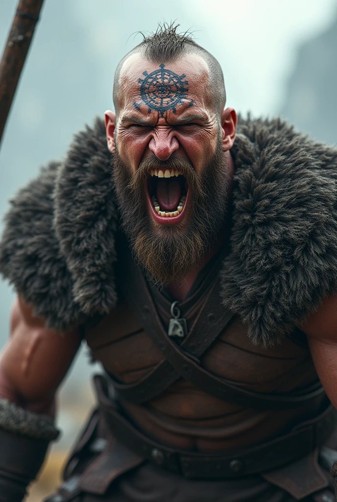 Realistic Viking warrior screaming with teeth bared with a Norse tattoo around his eye and with his eyes open