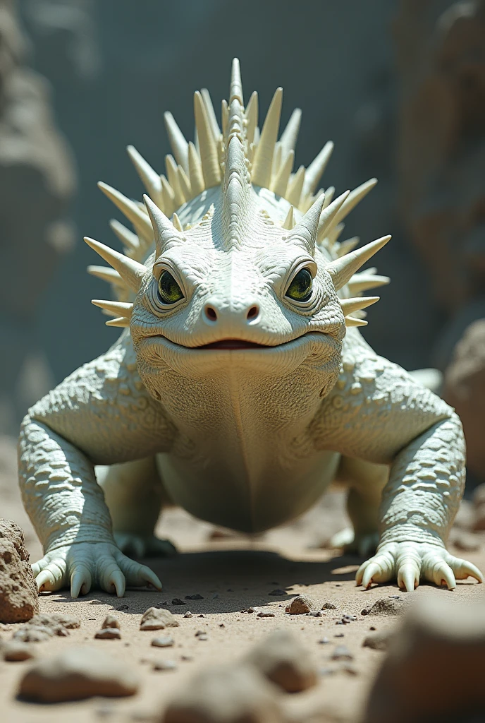 Large white lizard, with a short tail, with dark green eyes, head and neck in a circle covered with spikes, crawling on a rock
