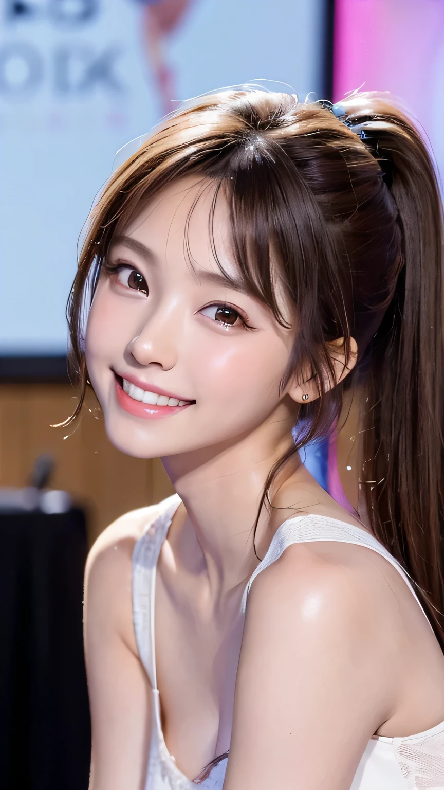 (Highest quality, DSLR camera, 8k, Highest quality, High resolution, Highest quality, Highest resolution, Very beautiful woman, Perfect ???????), Bright brown eyes, Very bright brown eyes, Small diamond-shaped earrings, Looking directly at the camera, Beautiful brown hair, ((Baby face, Loose and cute medium ponytail)), Very short and beautiful bangs with brown hair, E-cup bust, Showing beautiful décolletage, Very beautiful 20-year-old, Lip gloss, Smiling very happily, Very cute smile, Upper teeth, Beautiful teeth, (Chic and stylish music stage as the background only), Slightly larger eyes, Small face, Tall supermodel, Beautifully shaped model, (Holding a microphone and dancing and singing in random cool poses), Dynamic angle, Eye focus, Head tilt, Very detailed and realistic, Very beautiful 20-year-old, ((Medium shot)), Sharp jawline, ((Sophisticated K-POP idol outfit)), Deep waistline, Sexy legs, Side view, Smiling very joyfully, Laughing, Summer daytime