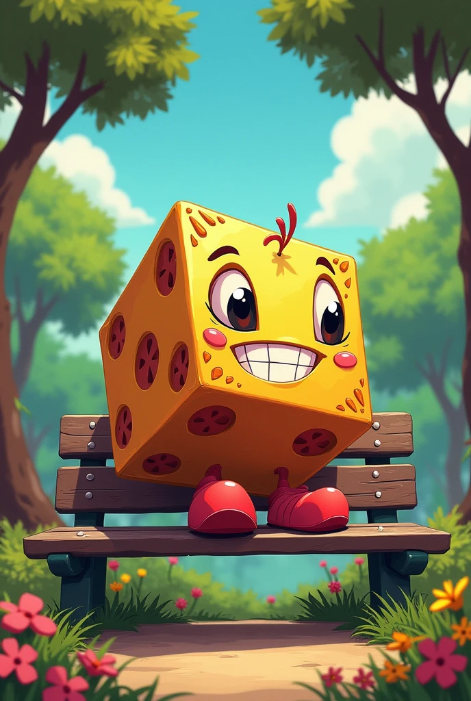 Make a 20-sided dice inspired by the game Cuphead and Rayman, he must be sitting on a park bench