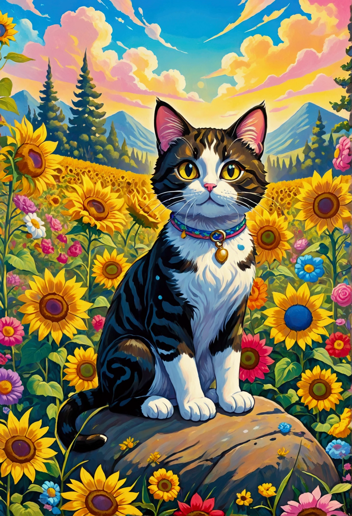 A painting of a cat sitting on a rock surrounded by flowers, Detailed Painting Inspired by Louis Wain, shutter, Childish Art, Juster Battle, Cute cat in sunflower field, lisa frank (lisa frank) Portrait, cat in the forest, a A painting of a cat, cat detailed, Louis William Wayne, Lovely and detailed digital art, A painting of a cat, Detailed 4k