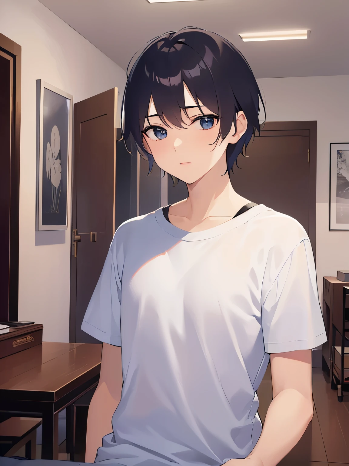 (night:1.5), Close-up of your face、masterpiece、Highest quality、(2 male:1.5) and (Black short hair) and (blue eyes), (White T-shirt)、Are standing、confused, The background is the living room at night、alone、