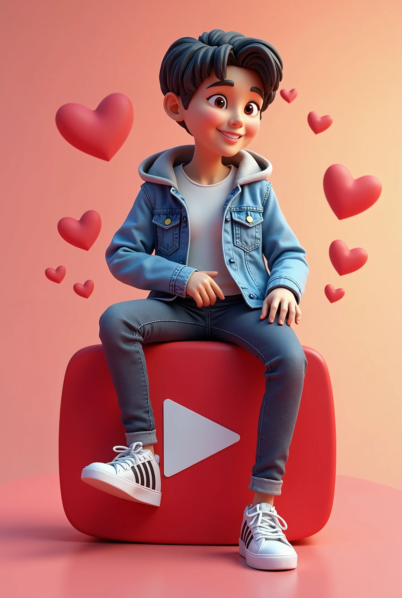 Create a 3D illustration of an animated character casually sitting on top of the social media logo "Youtube". The character should wear casual, modern clothing such as a jeans jacket and sneakers. The background image is a social media profile page with the username "UrRealLife" and a profile picture that matches.
...