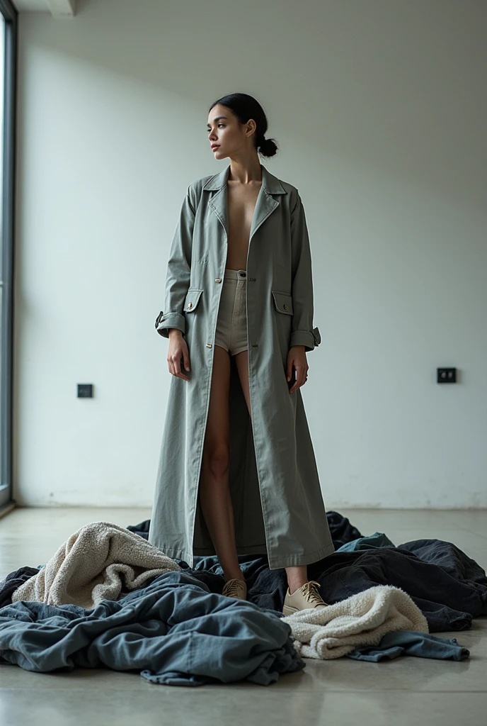 Create an advertising campaign about the conscious consumption of textile waste With a woman throwing clothes on the floor and an impactful phrase