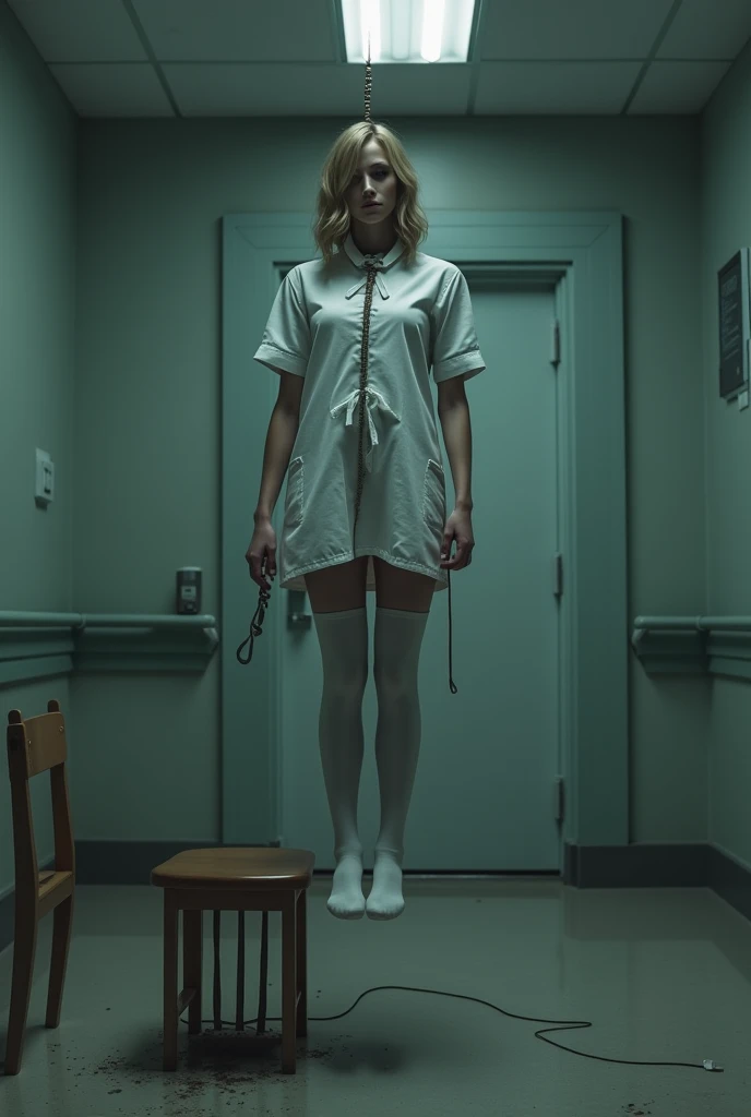 Nurse scene in white thigh high socks, hanged, thòng lọng, hovering in the air , The chair fell at the nurse's feet.