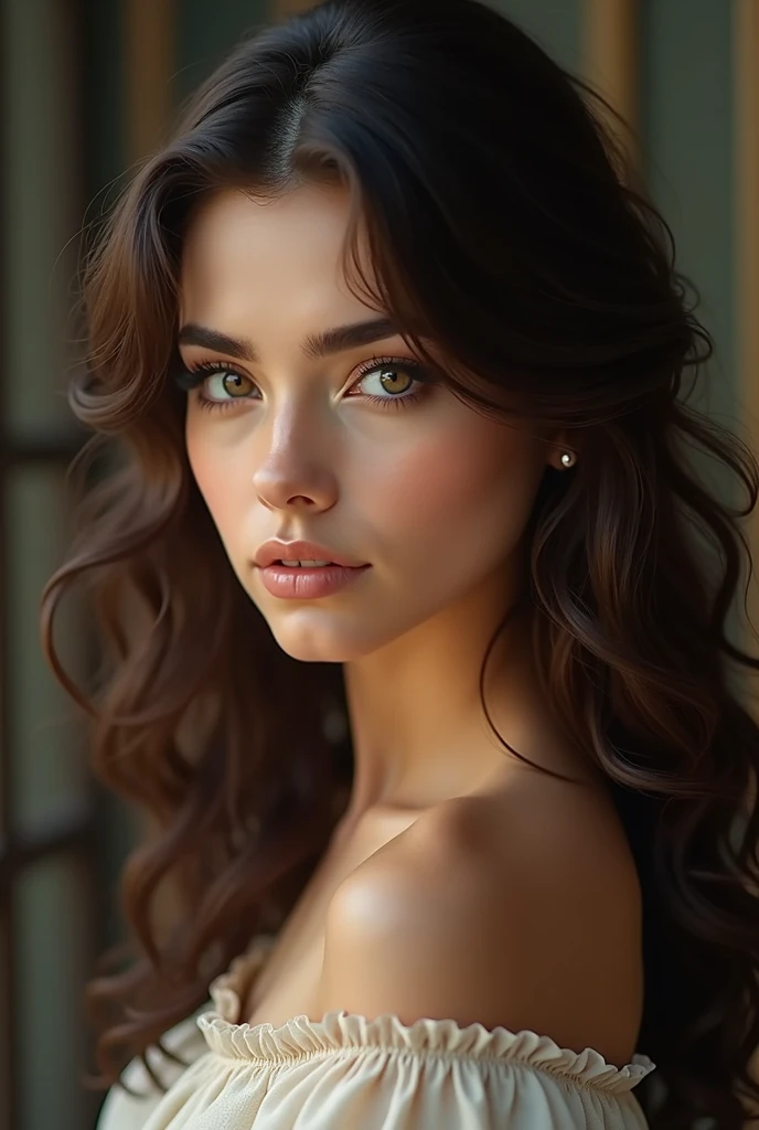 European female, long dark brown curly hair, hazel eyes