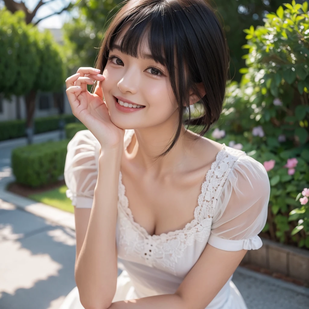 (Highest quality, masterpiece), One person, Intricate details, beautiful細部までこだわった顔, Maid clothes, In town, blush, Open your mouth, Black Hair, short hair, Blunt bangs, Happy, Are standing, Cowboy Shot,solo, High resolution, smile,beautiful,cute,Dimples,High resolution,