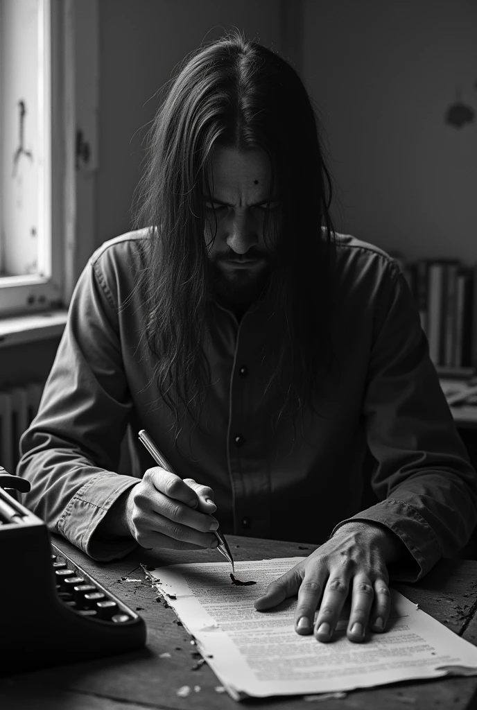 A b&w image of a man in a dilapidated writing room cutting his hands with a fountain pen. He looks unbothered and hypnotized. He has long hair covering is entire face and tears are dripping town his face but he shows no emotion. The man is 2 and there is a typewriter behind him. It is a horror setting and the room is barely lit