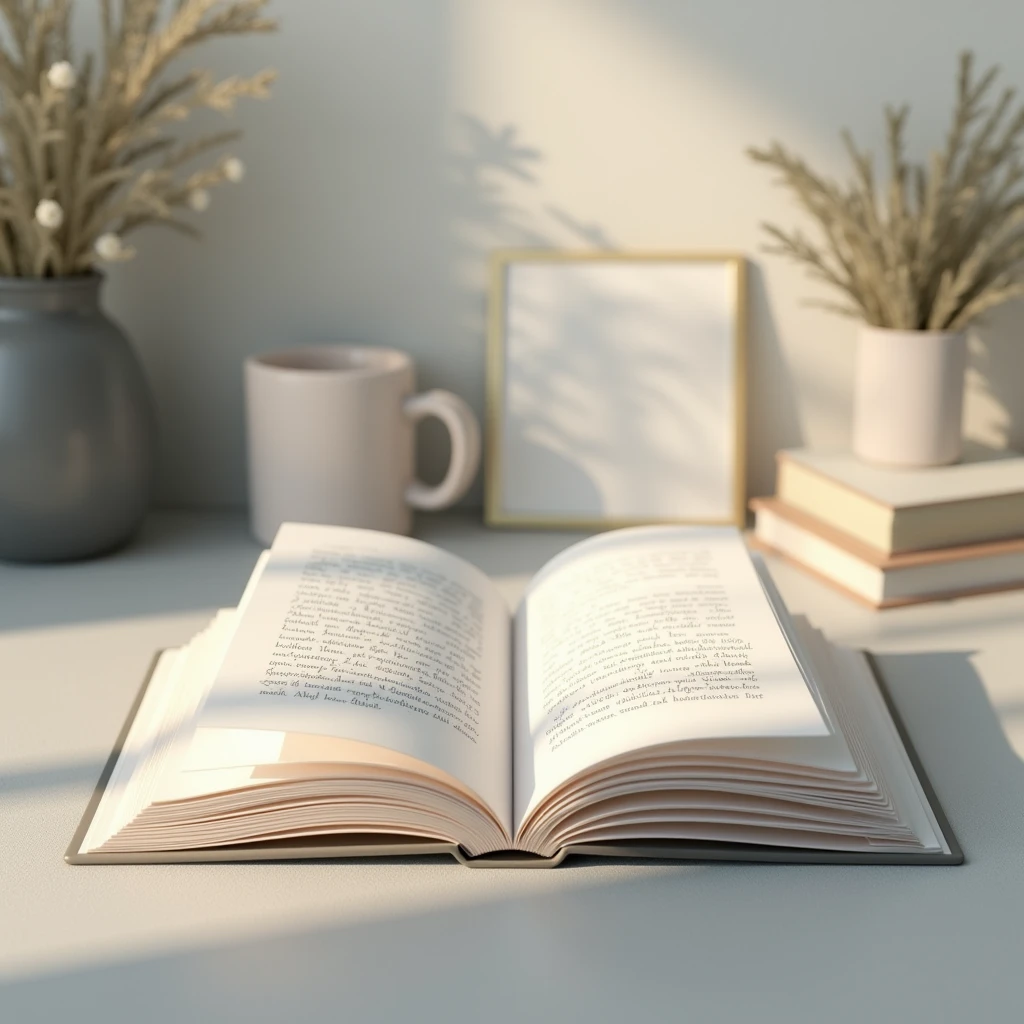 A professional and cozy scene featuring an open book in soft light gray tones. The pages of the book are gently spread, revealing clean, elegant text on a soft gray background. The book is placed on a simple, well-lit surface, with diffused lighting that creates a warm and inviting atmosphere. The setting is minimalist, with light gray or neutral-toned surroundings that complement the book's design. The focus is on the serene and calming effect of the open book, inviting the viewer to immerse themselves in its content. The overall mood is professional yet cozy, with a sense of quiet elegance.