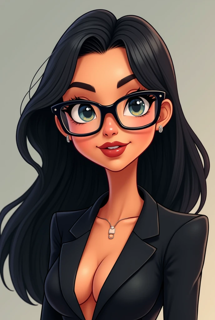 Imagine a smart and stylish cartoon woman with a confident, alluring expression. She has long, flowing black hair that frames her face elegantly, with a slight wave or curl. Her eyes are large and expressive, with a sharp, intelligent gaze. She wears a pair of sleek, modern eyeglasses that accentuate her sharp features. Her makeup is subtle but enhances her natural beauty, with a bold lip color that adds a touch of sensuality. For accessories, she could have small, elegant earrings or a sophisticated necklace visible just at the base of her neck. The overall vibe should be one of confidence, intelligence, and allure.
