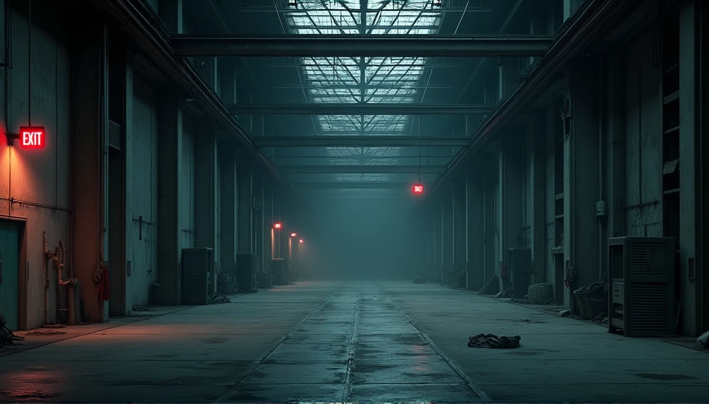 Empty, sober industrial warehouse at night