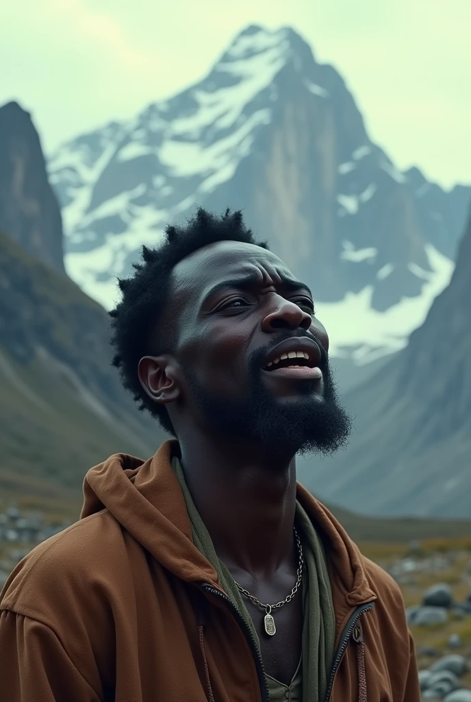An african man crying in the mountains