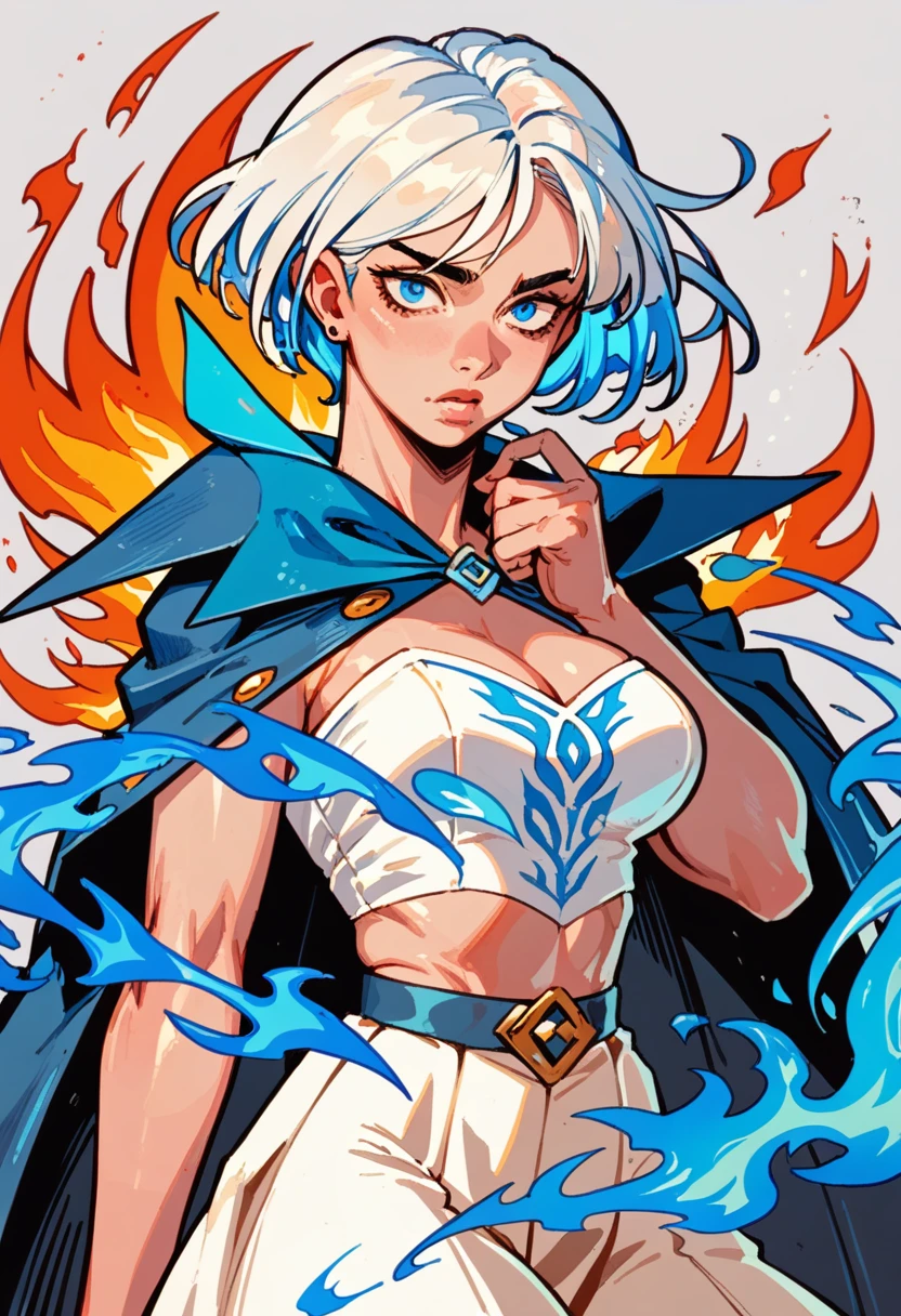 pale girl , white short hair , cropped and skirt , blue fire , huge boobies , cleavage 