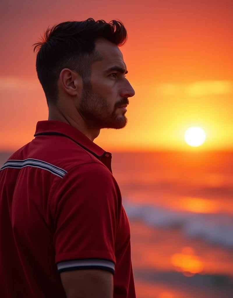 Realistic , handsome male, 40years, crew cut dark hair, brown colored eyes, red shirt with an white stripe, watching the sunrise on the Algarve beach, red sky in the evening, red atmosphere