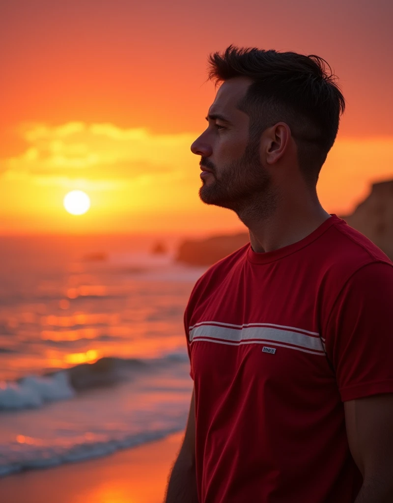 Realistic , handsome male, 40years, crew cut dark hair, brown colored eyes, red shirt with an white stripe, watching the sunrise on the Algarve beach, red sky in the evening, red atmosphere
