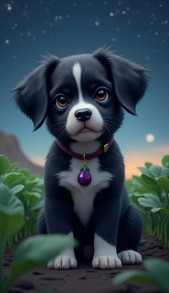 Masterpiece. Conceptual art. 16K. UHD. High quality, photorealism. Thematic background.
Cute serious Guard Puppy. Black puppy with a white stripe on his muzzle from forehead to mouth. Large white spot on his chest. White paws. A pendant in the form of a small eggplant hangs on his collar. Starry night. Guarding a vegetable field.
Stunning full-color design, sharp focus, studio shooting, intricate details, high detail, detailed anatomy. Hyperrealism.