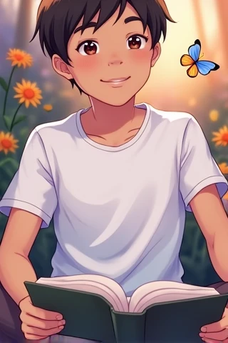 A beautiful environment butterfly flower sunny time a boy open a book and feel the nature