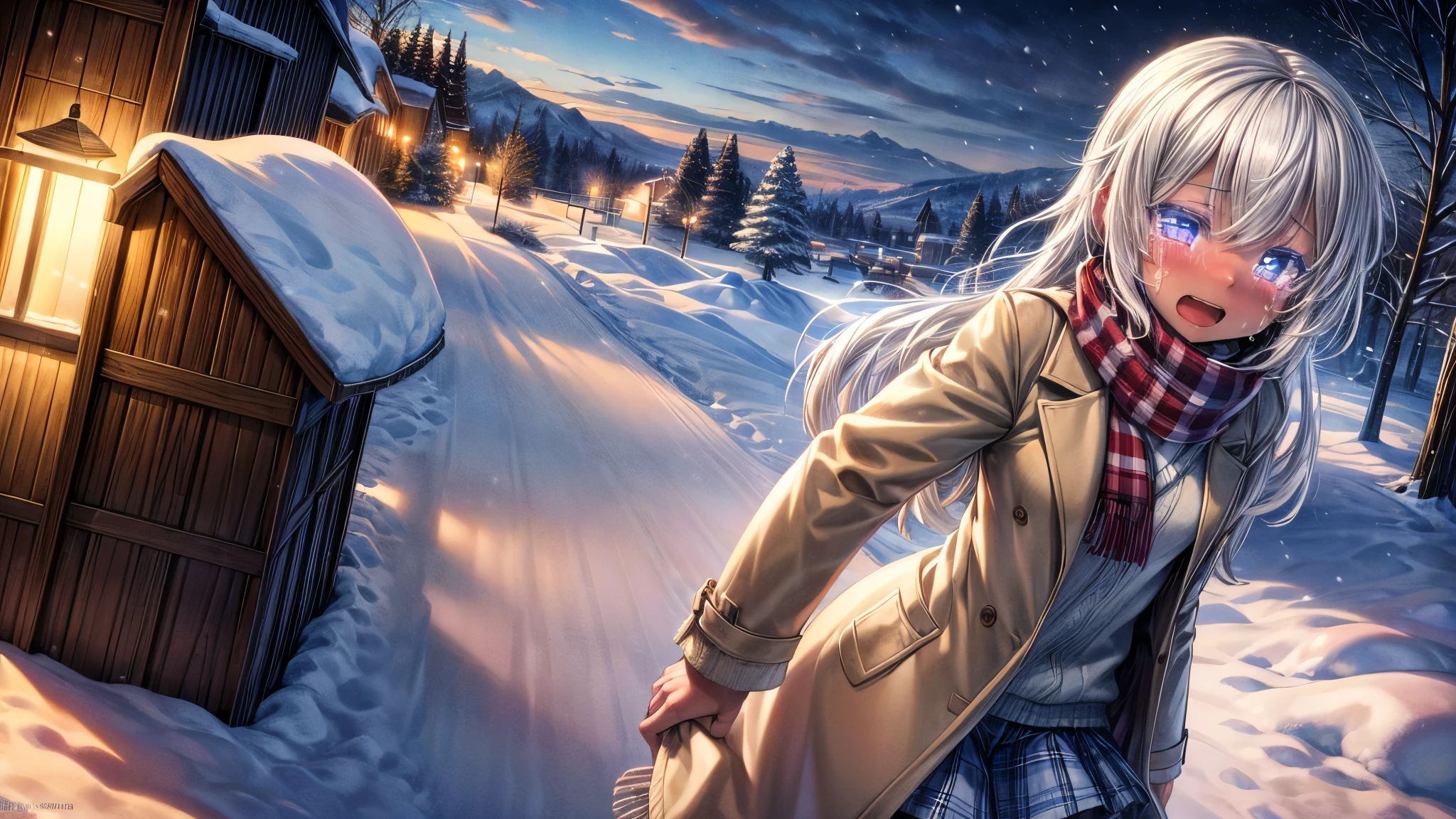 High resolution, masterpiece, Highest quality, Textured skin, girl, Just One, Brown Skin, White Hair, White eyelashes, Small breasts, she, girl friend, 1, high school girl, Private Server, winter, Snow Scene, Wear warm clothes, Scarf, coat, Tears of joy, move