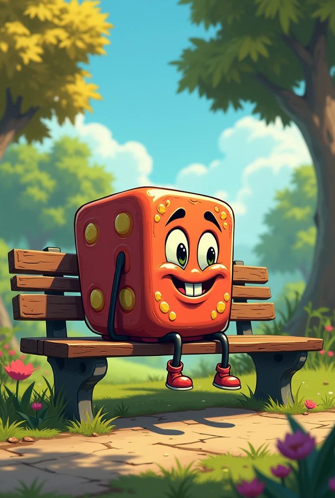 Make a 20-sided dice inspired by the game Cuphead and Rayman, he must be sitting on a park bench