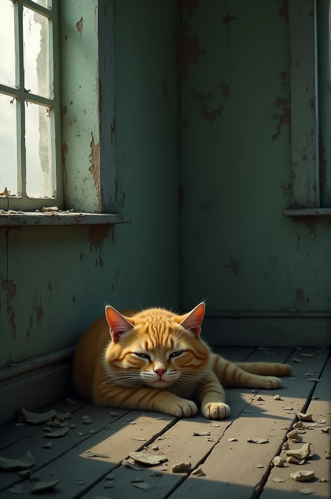 A weary, pregnant mother cat rests in a dusty, dimly-lit abandoned house. The setting shows broken windows, peeling wallpaper, and debris scattered across the floor. The cat looks tired yet determined.