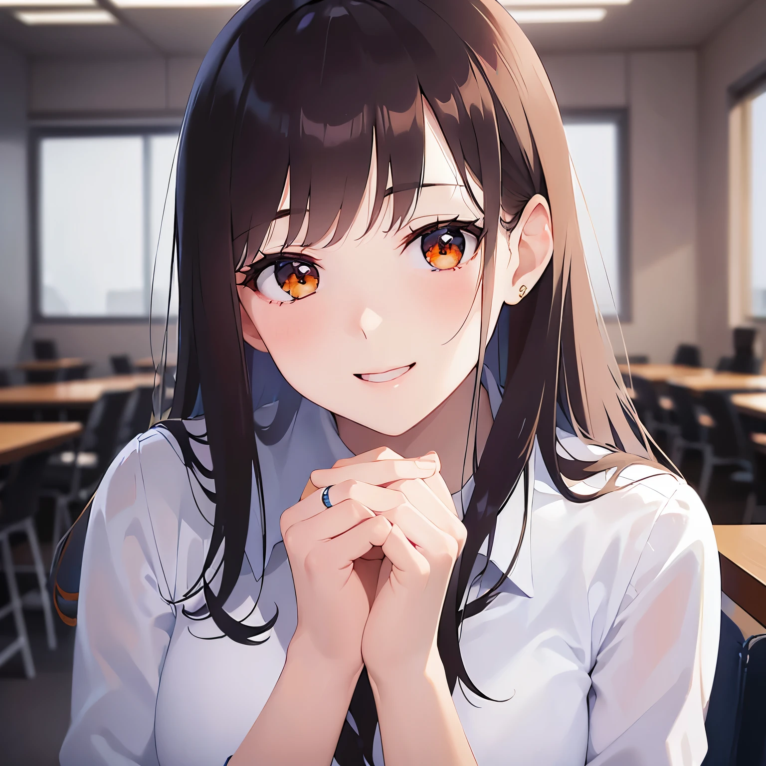 side angle,(looking away:1.5),Upper Body,head tilt,(own hands together:1.5)、5 biologically correct fingers、
 Realistic, real person, (pale skin: 1.2), RAW photo, photorealistic, shiny skin, shiny hair、
(A 2 woman with medium-length hair and bangs) and (wavy hair) and (brown hair) and (orange eyes) ,
（white collared shirts）
(smile:1.5),open mouth,
The background is the conference room、（alone:1.5）
