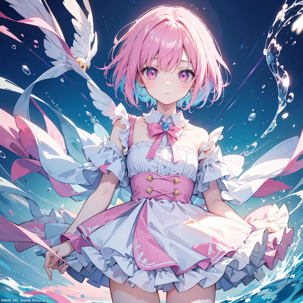 kawaii, anime, Cute, hyper quality, highly detailed, 8k, Clarity, Draw facial expressions in detail, pink eyes, light blue hair, bright, highlight on eyes, rainbow-colored light pours down, art tic, It's bright outside, infect one person, short hair, expose the whole body, light shines, wear a dress, underwater, upward glance, 	