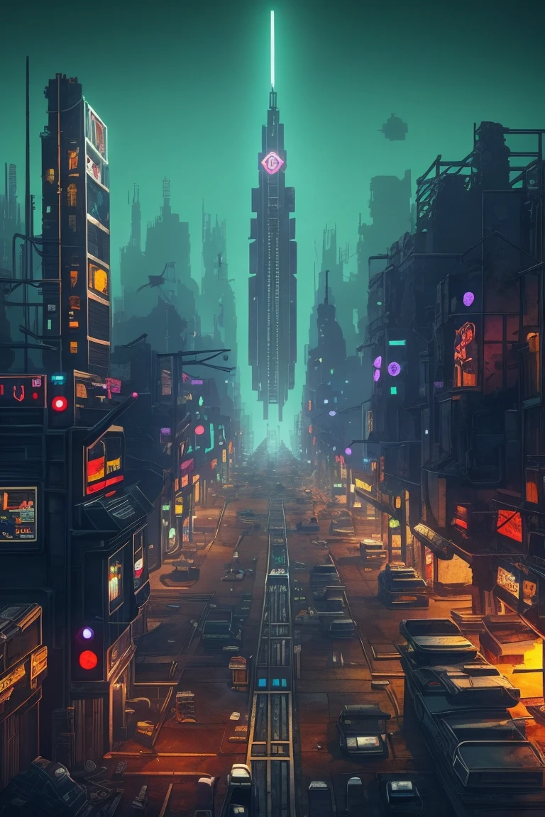 retro video game concept art, 8-bit video game, simple pixel apocalyptic city ruins from directly above, skyscraper on center, 3 independent sectors connected by bridges, post-punk urban background, HEXAGON, add_detail:1, add_detail:0, add_detail:0.5, no humans, at night, dark and lonely city