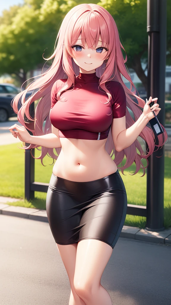 masterpiece, best quality, high detail, beautiful woman, shy, blush, nervous smile, solo focus, long wavy hair, pink hair, (white t-shirt crop top form fitting), ((tight clothes)), (black midi pencil skirt), wide hips, midriff, belly button, naval, lower body, outdoors,