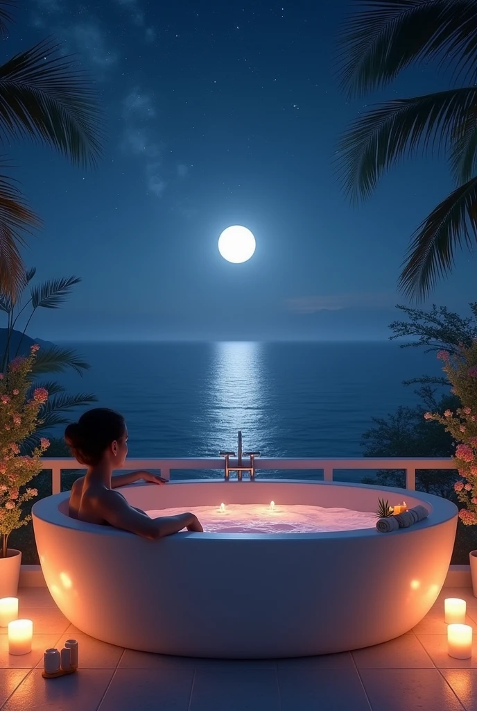 Relaxing bath tub with sea view in night