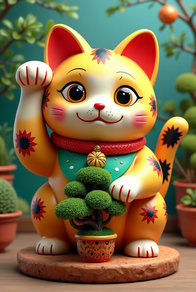 Draw a mascot named Fuku, a lucky cat (Maneki-neko) modern and stylized, with a friendly and charismatic appearance. The cat should have a smiling and welcoming posture, holding a bonsai pine tree, representing the city of Curitiba, brazil. Keep traditional elements, As a boy this style is typical Maneki-neko, mixed with modern and global cultural touches, as colorful accessories that symbolize diversity. The cat's coat should be shiny and vibrant., with a palette