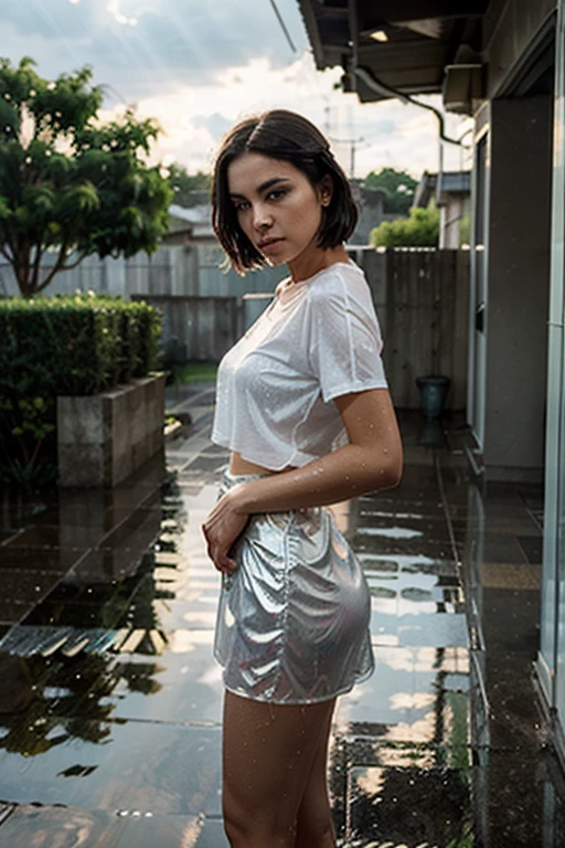 Prompt:
Style: realistic, ultra-HD, hyper-realistic, professional lighting, vivid colors
POV: view
Image: side, full body, front
Character: Ana, short hair, tight skirt, white t-shirt, wet from the rain, transparency in fabrics
Setting: rainy afternoon, sun's rays contrasting with raindrops
Enhanced Description:
A single raindrop, glistening like a tiny diamond, slides down the pane of glass. Outside, the sky is a dramatic canvas of dark clouds, their edges tinged with golden light from the setting sun. The rain falls in sheets, creating a shimmering curtain that obscures the world beyond.
In the foreground, Ana stands, her figure outlined against the rain-soaked landscape. Her short hair, damp and unruly, frames her face. A tight-fitting skirt hugs her curves, revealing the delicate lines of her legs. A white t-shirt clings to her body, accentuating the subtle curves of her torso. The fabric is translucent, allowing glimpses of her skin beneath.
The rain beads on her skin, creating a mesmerizing pattern of light and shadow. The sun's rays, breaking through the clouds, cast long, dramatic shadows that dance across the ground. Ana's expression is one of serene contemplation, her eyes fixed on the distant horizon.