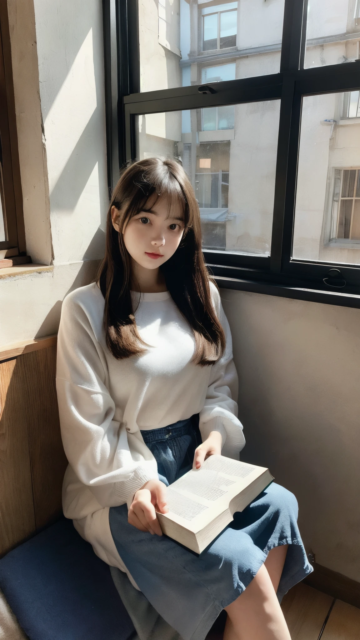 portrait of a girl sitting by a window, ((reading a book)), environment that is highly detailed and realistic.
,(Clutter-home)