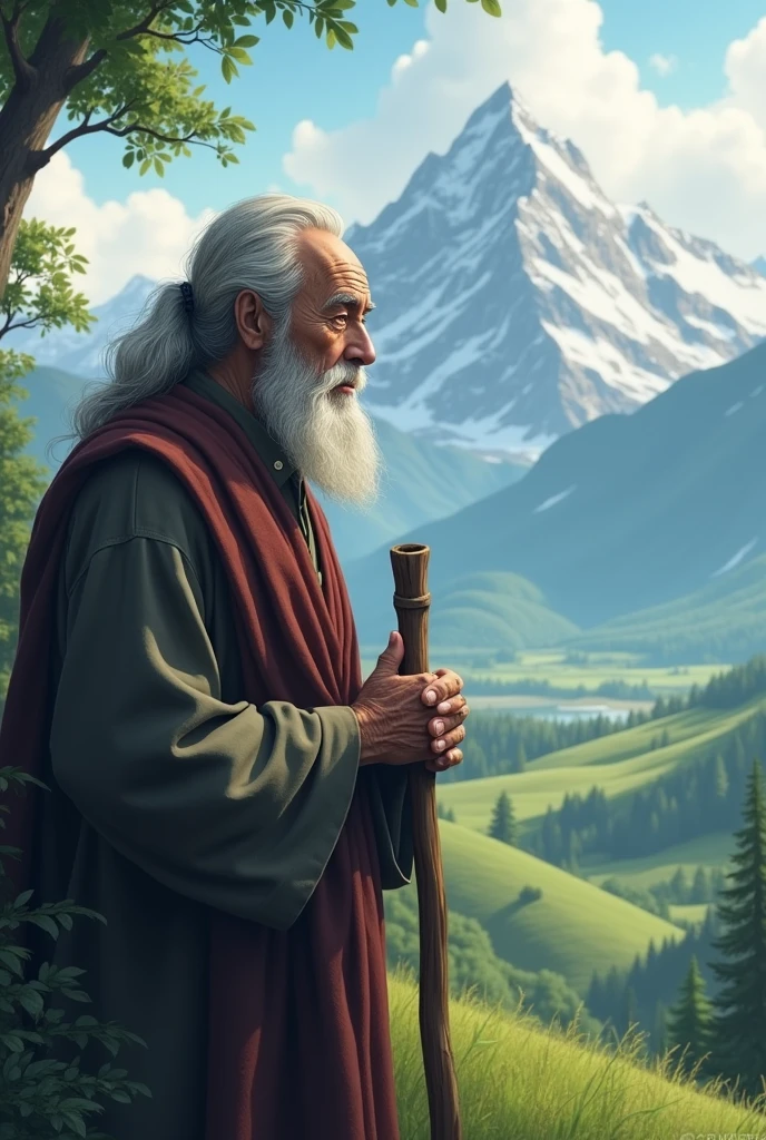 Image of a wise and kind grandfather holding a stick looking towards the distant mountains