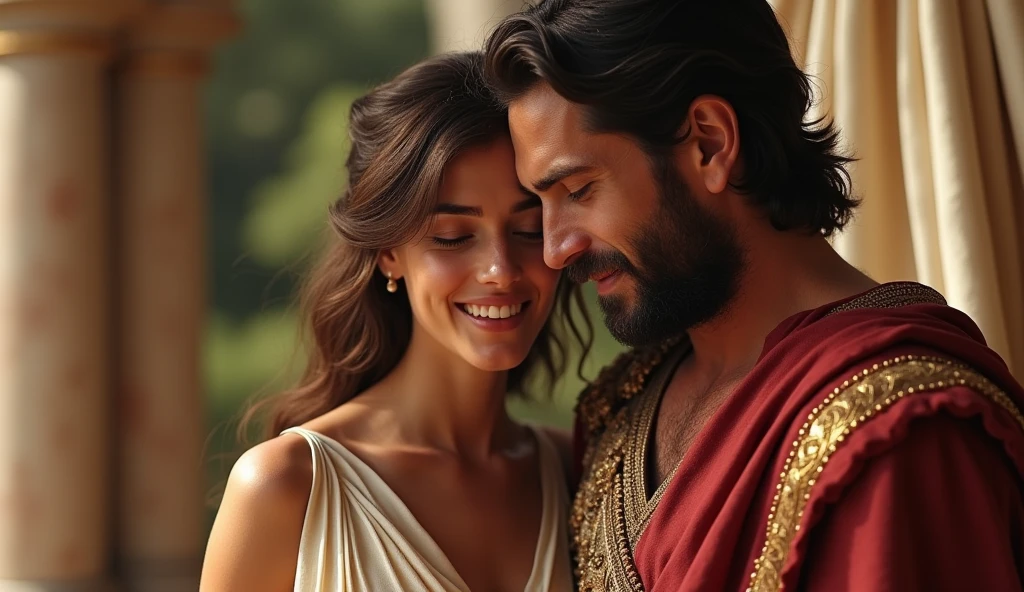 king Priam of Troy, black short beard, (age 35), light skin, with his Queen (age 25), extremely beautiful, light skin, dressed like a Greek woman, happy and romantic, best quality, 8k, cinematic