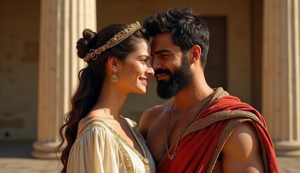 king Priam of Troy, black short beard, (age 35), light skin, with his Queen (age 25), extremely beautiful, light skin, dressed like a Greek woman, happy and romantic, best quality, 8k, cinematic