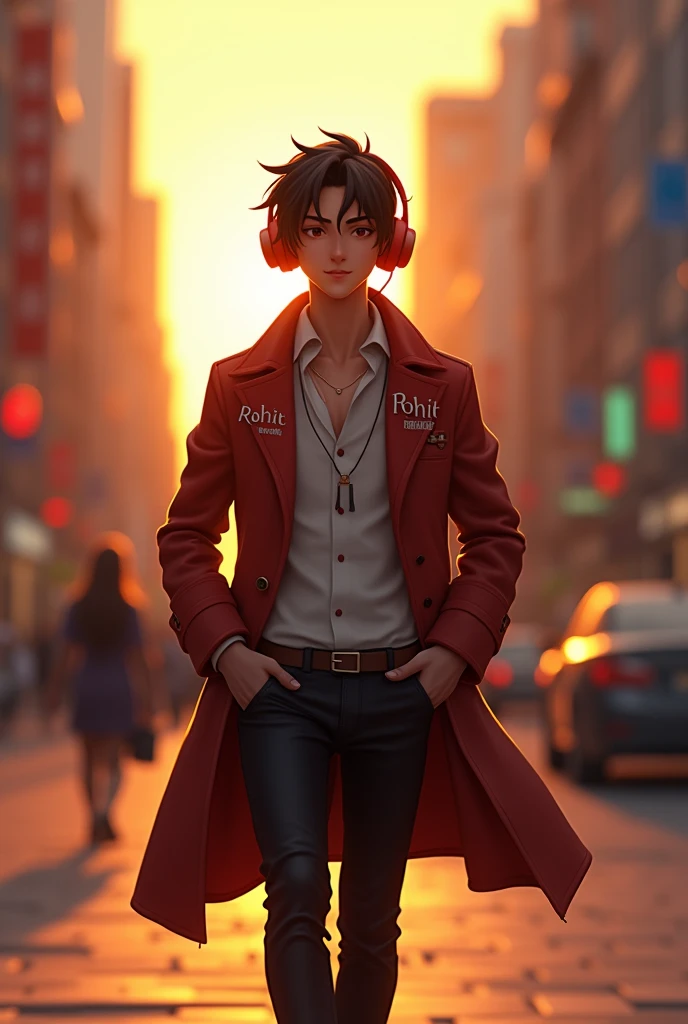 A 18 years boy wearing a bossy dress and a headphone walking in the street during sunset where "Rohit" Is written in his coat in a formal office dress